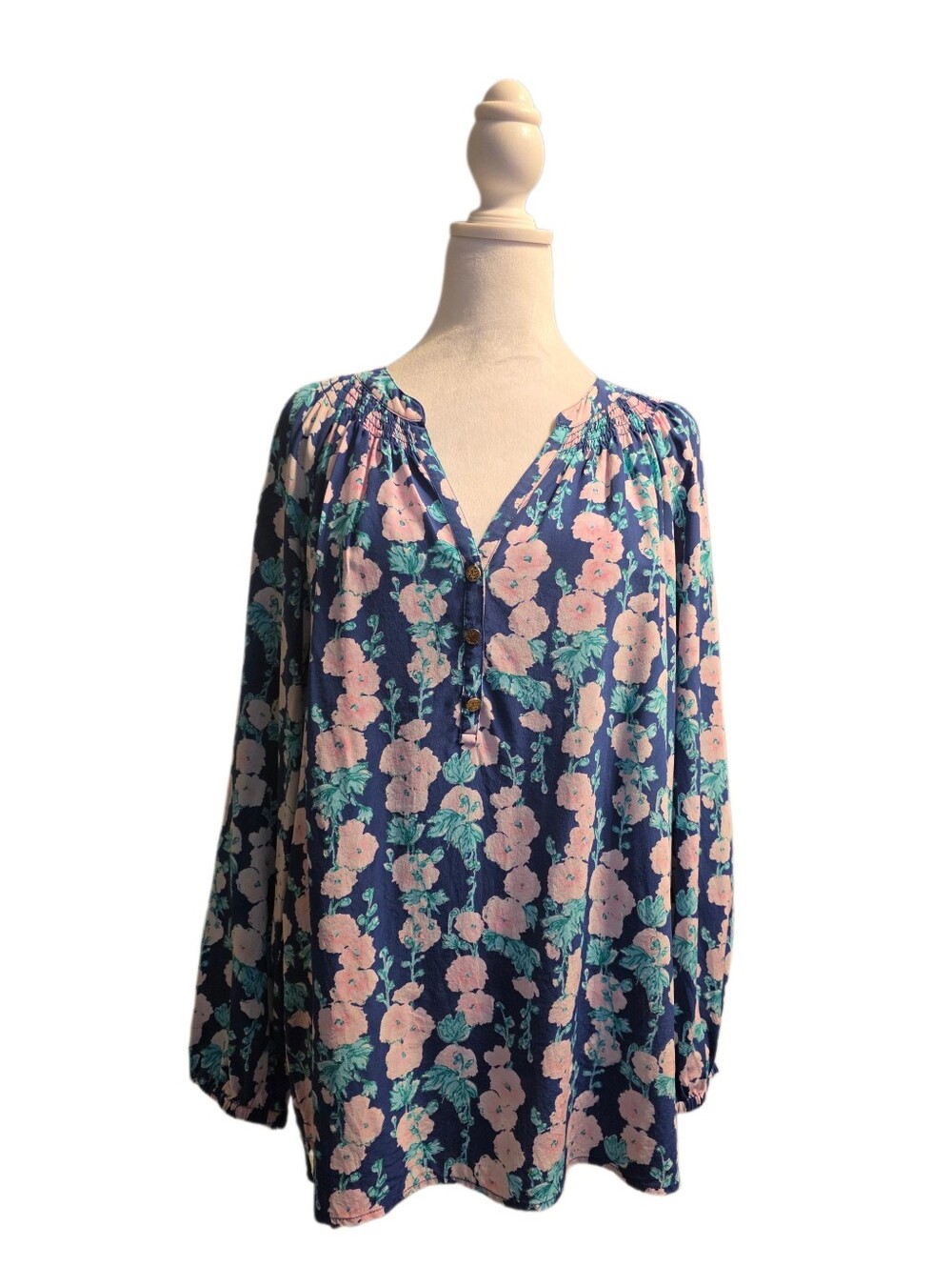 Lilly Pulitzer Elsa Silk Blouse in Navy And Pink De Vine Hollyhocks Sz XL GUC